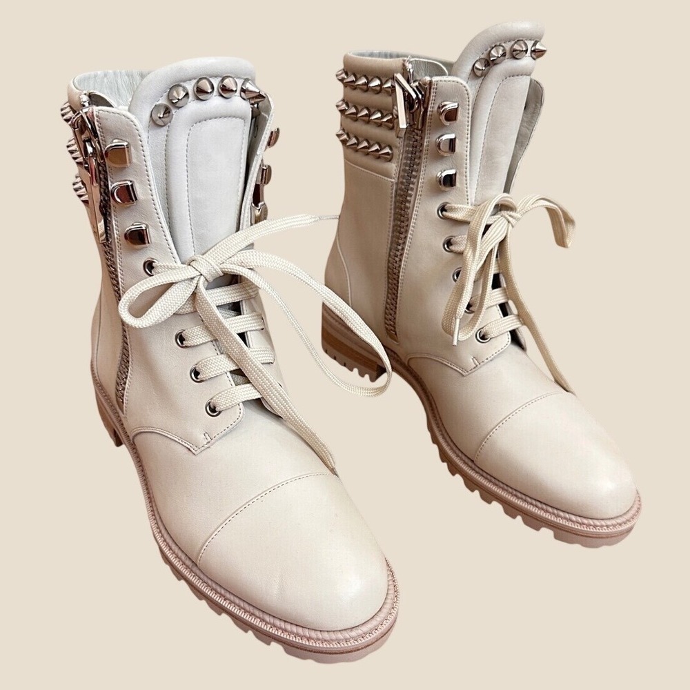 Christian Louboutin Mad Booty Spiked White Leather Combat Boots Red Sole 41